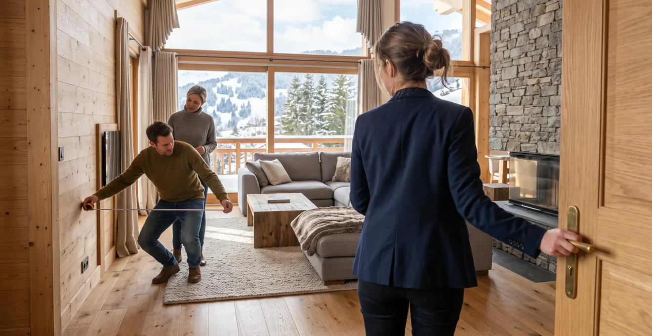 A couple of buyers measures the living room of a luxury alpine apartment while an agent holds the door open during a visit.