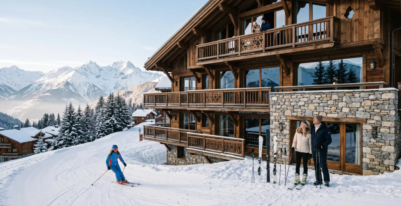 A couple with skis stands at the snow-covered entrance of a luxury residence directly on a ski slope in a French alpine resort.