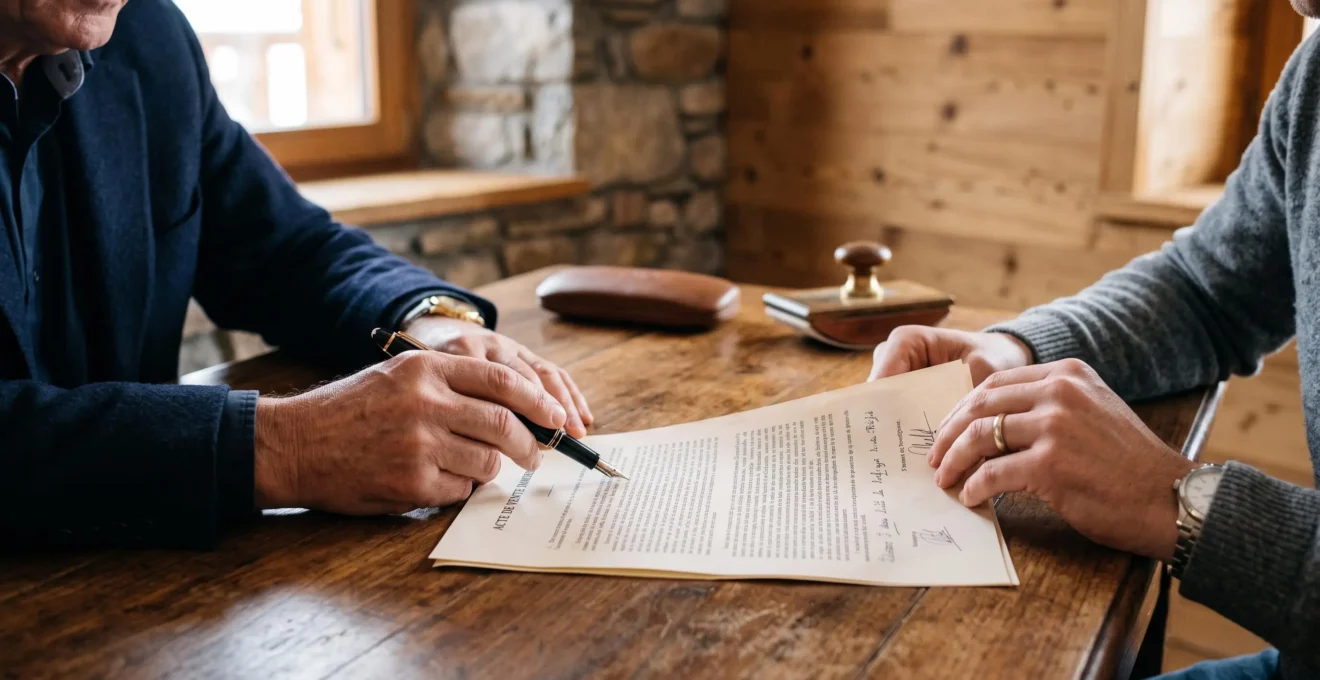 A notary points to a clause in a property sale contract while a buyer holds the page during a signature meeting.